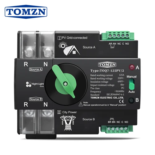 TOMZN 220V 230V carril Din ATS Doble potencia transferencia automática interruptor Selector eléctrico ininterrumpido 2P 63A 100A 125A TOQ7 PV