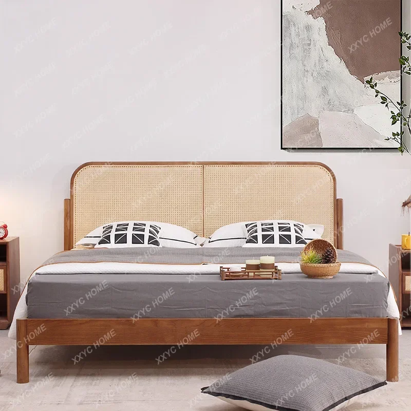 

Real Rattan Woven Master Bedroom 1.5 M 1.8 M Double Bed Japanese-Style Solid Wood Rattan Woven Bed Somieres De Matrimonio