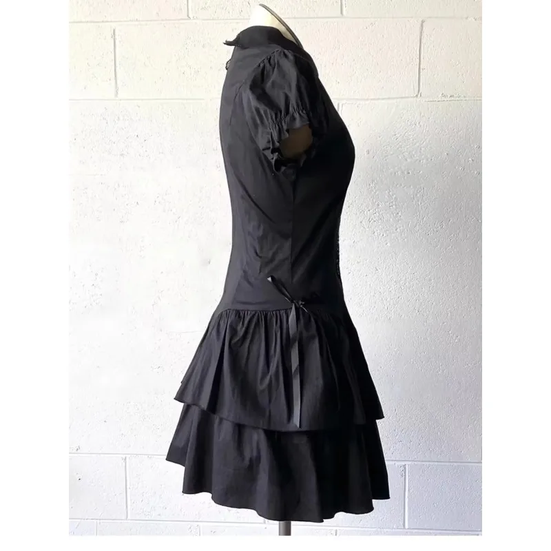 Vintage Black Y2k Dresses Lace Shirt Dress for Women Slim Waist All-match Dresses Short Sleeve Vestidos De Mujer Summer Dress