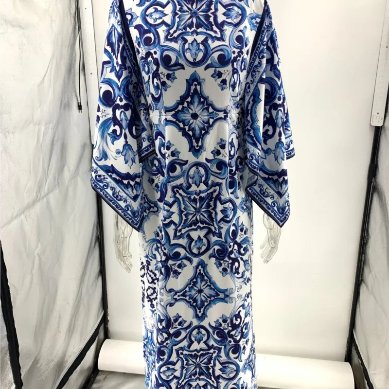 Abito ampio a maniche lunghe con scollo a O nuova primavera Abito maxi da pendolarismo elegante Abiti da donna con spacco laterale stampato in porcellana bianca blu