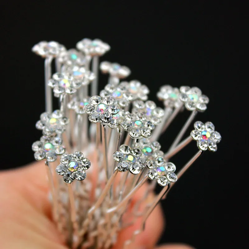 20pcs Crystal Flower Bridal Headwear Rhinestone Hair Pins Hair Barrettes U-Shape Hair Clips Bridal Wedding Women Hair Jewelry