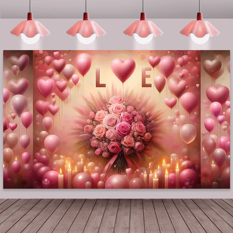 Love Heart Tapestry Romantic Pink Balloons Roses Candles Valentine Wedding Anniversary Party Backdrop Bedroom Couple Gift Idea