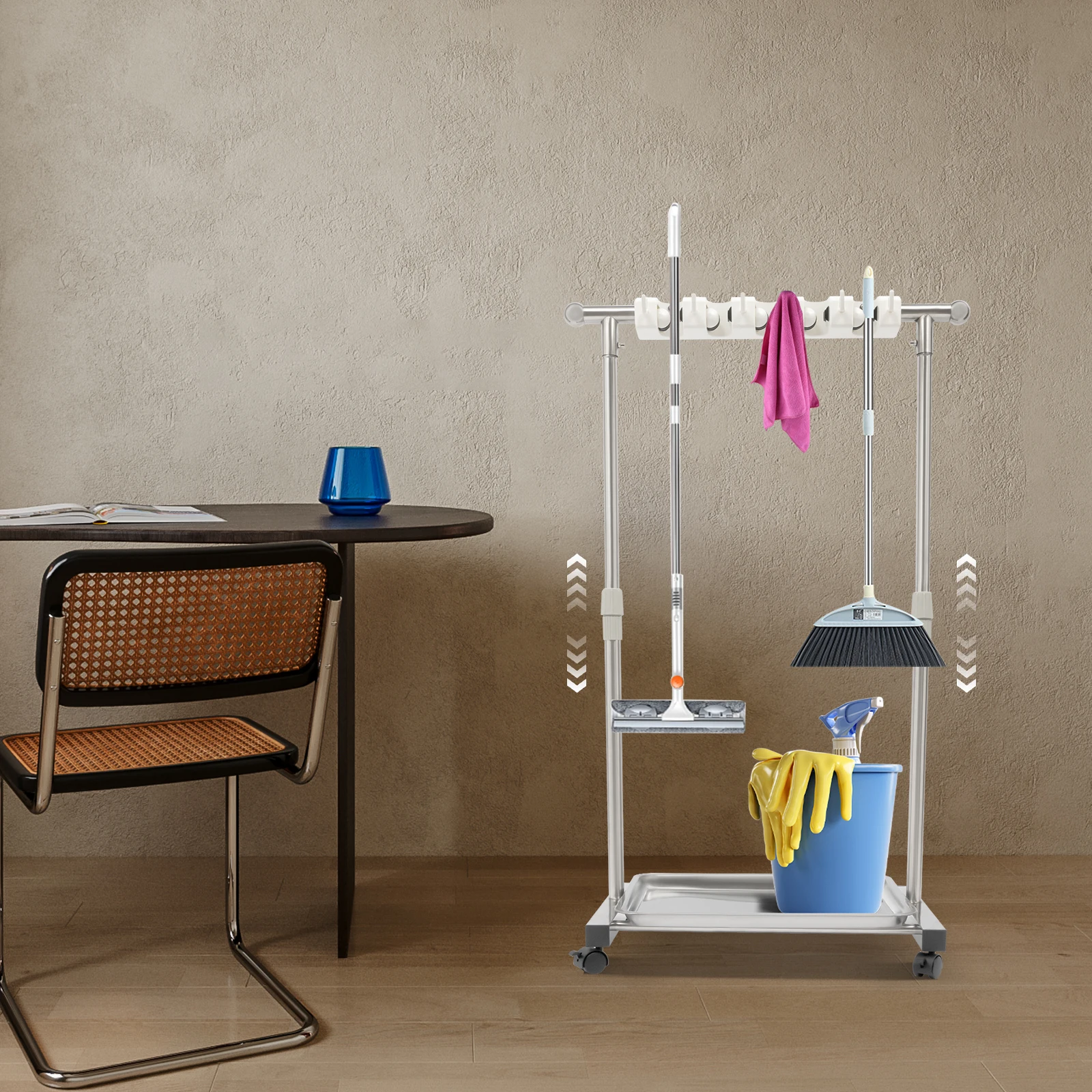 

Cleaning Supplies Organizer Freestanding Portable Tool Cabinet Broom and Mop Holder with 4-Wheels Adjustable Height