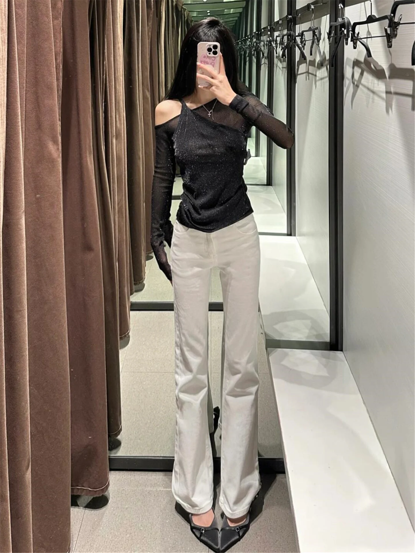 

American Vintage High Waist Flared Jeans Women's Extended Length Casual Floor-Length Pants Spring Season Slimming Effect