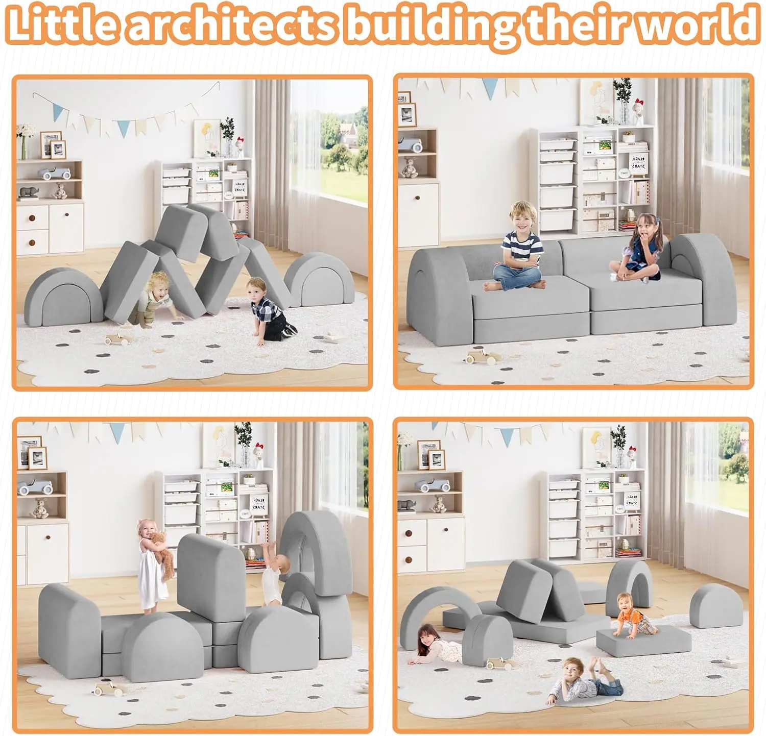 Sofa bermain anak-anak Modular, 10 buah Sofa bermain anak-anak untuk kamar tidur bermain, Sofa balita Modular konversi, Sofa busa anak-anak kreatif