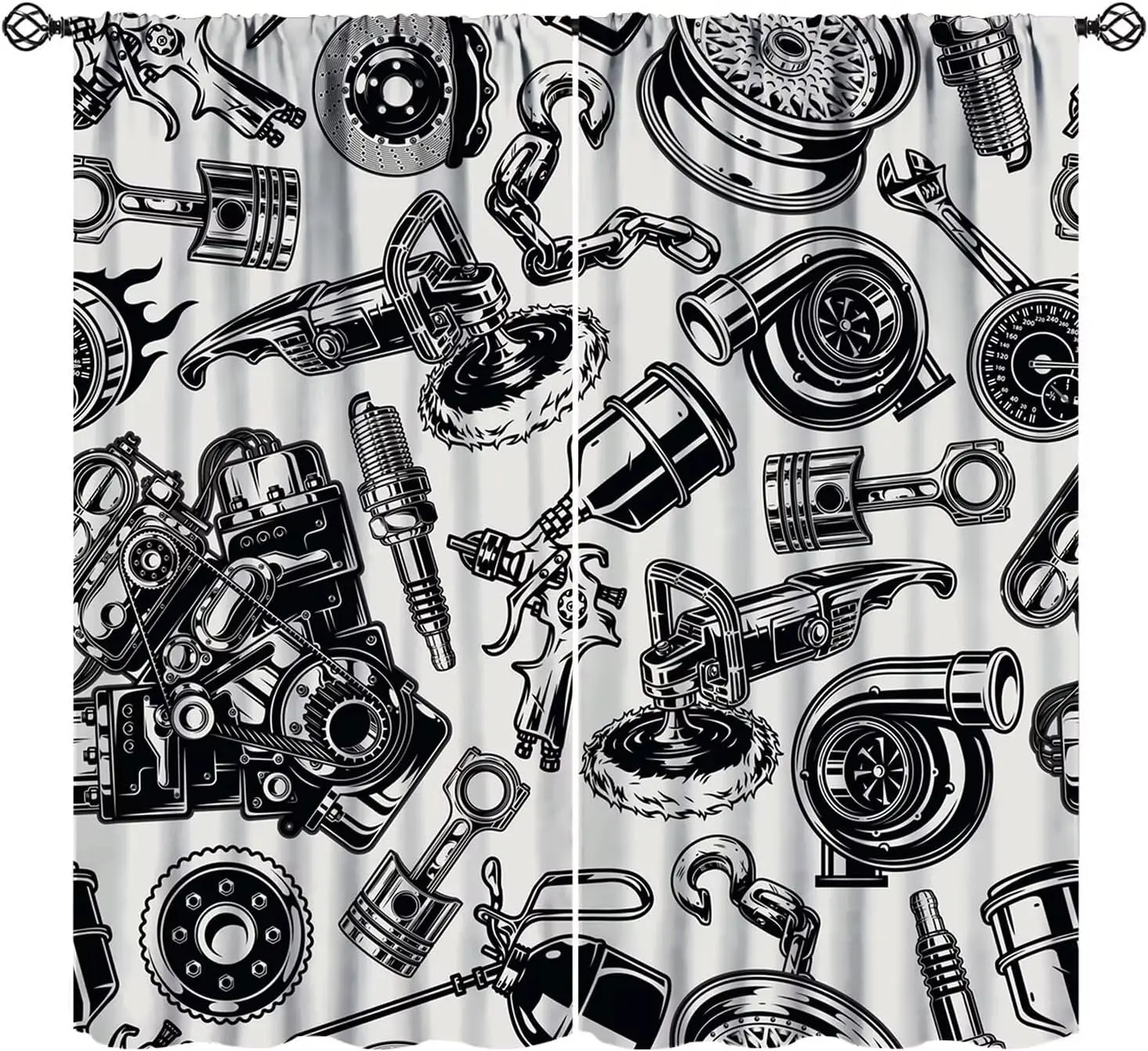 Car Blackout Curtains Modern Abstract Car Repair Light Grey Black Art Printed for Boys Teens Men Bedroom Living Room  2 Panels
