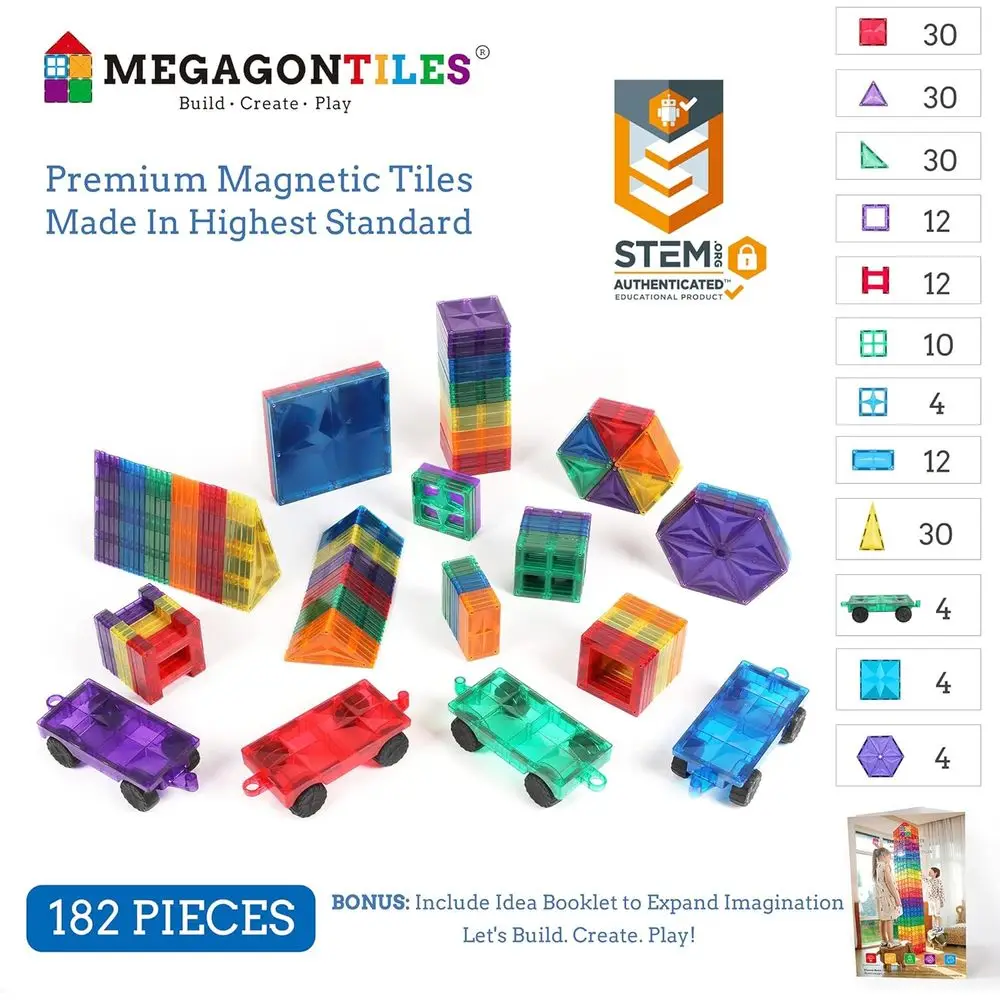 Authentic STEM Magnetic Building Blocks - 182PCS Premium MagnetTiles for Kids Ages 3-8