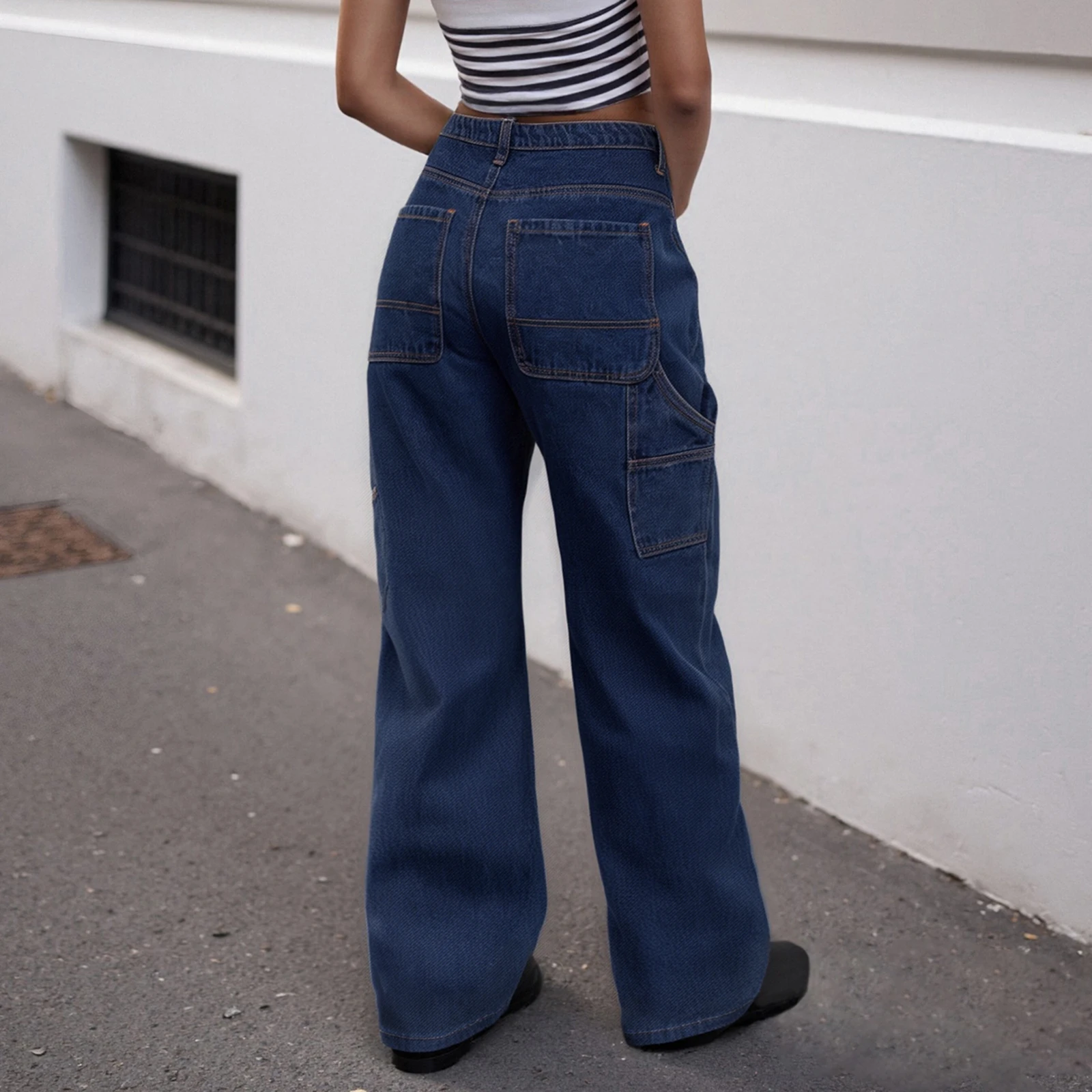 

Женские осенние лоскутные джинсы, однотонные прямые широкие джинсовые брюки, весенние повседневные брюки с карманами, уличная одежда 2025