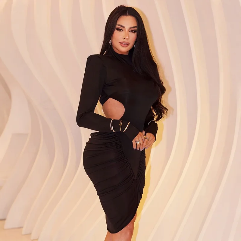 YUZHEXI autumn turtleneck sharp shoulder full sleeves midi dress women waist hollow out elegant split robe