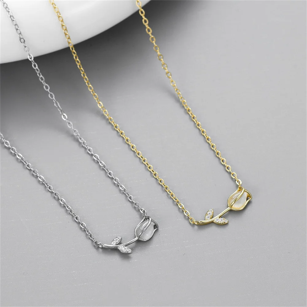 

Korean Women's Tulip Necklace, S925 Silver, Inlaid Cat's Eye Stone High-End Sense Light Luxury Versatile Collarbone Chain
