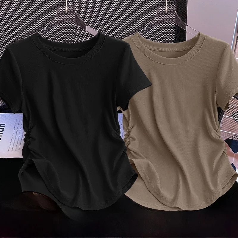 Ele ort Sve T-shirt da donna estiva con cuciture in vita pieghettate, semplice e versatile, coreana, per i pendolari
