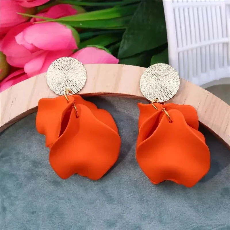 Neon Fuchsia Plastic Petal Drop Earrings Women Colorful Petal Gold Color Disc Drop Earrings Green Pink Carol Color Girl Earring image 4