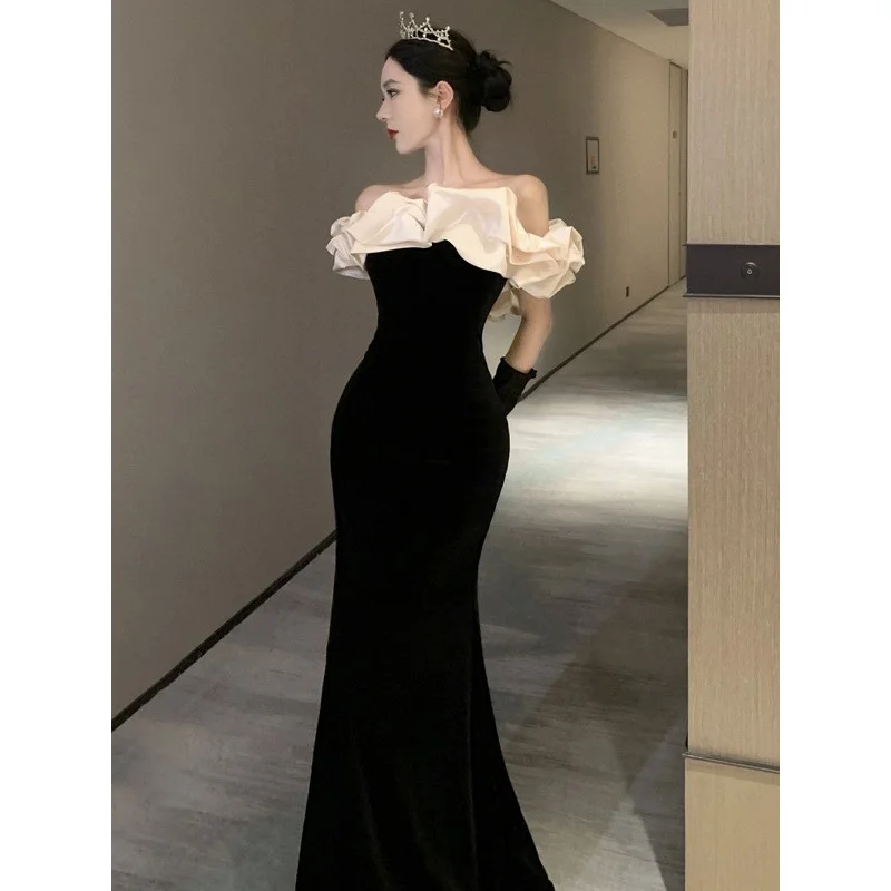 Evening dresses Velet Ballgowns black off-shoulder Prom dress fishtail party dress H912