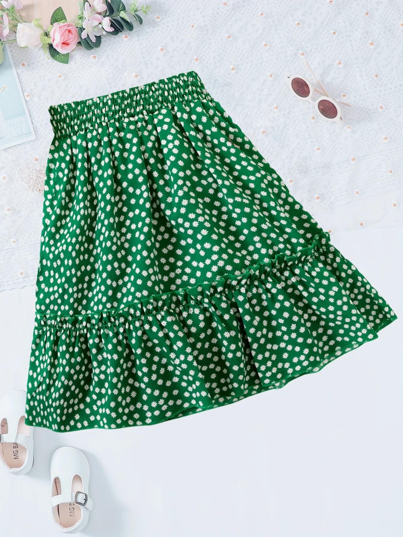 Green Small Floral Ruffled Skirt - Fresh Spring and Summer Style