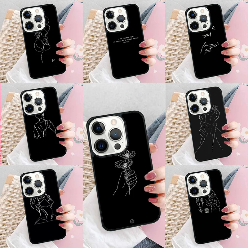 Black Outline Aesthetic Soft Phone Case Cover for iPhone 16 Promax 15 Pro 13 14 Plus 11 12 Mini XR XS MAX Coque