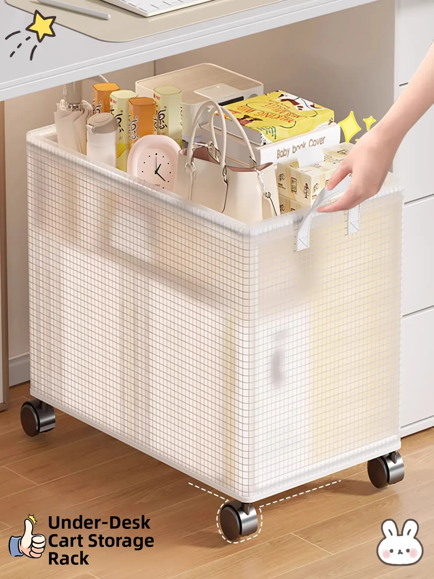 

Office Desk underneath Storage Rack with Wheels Small Cart Bookbag Storage Frame Workstation Stackable Book Snack Storage Basket