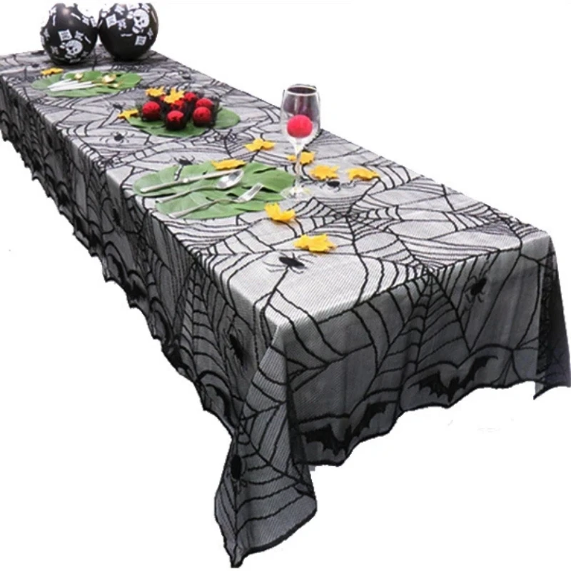 New 120*240cm Tablecloth Lace Spider Web Skeleton Skull Tablecloth Halloween Decoration Lace Spider Web Scarf Cover