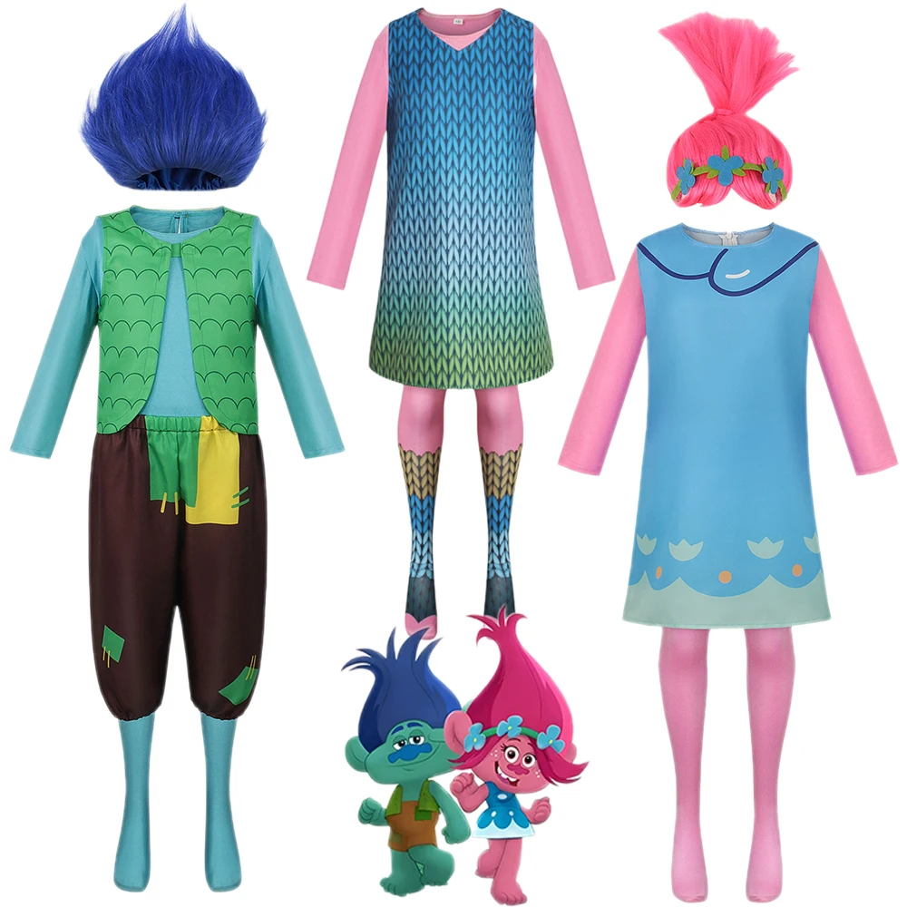Disfraz de rama de Trolls para niños de Anime, disfraz de peluca de amapola Troll para niñas, disfraz de Halloween para niños y adultos, trajes de Carnaval Purim