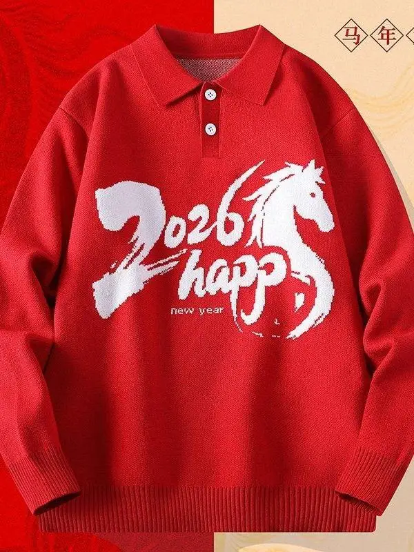 

Loose Fit Sweater for Men Casual Knitted Warmth Clothing Turn-down Collar Red Letter Print Lunar New Year Sle Polyeste...