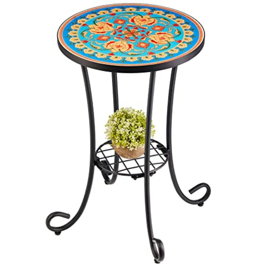 Patio Side Table and Plant Stand, 21" End Table with 14" Ceramic Tile Top for Porch Garden Decor, Indoor and Outdoor Accent Tab