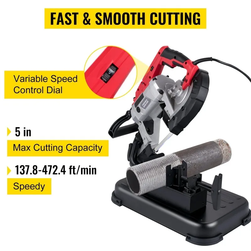 Portable Band Saw Removable Alloy Steel Base Cordless Band Saw 5 Inch Cutting Capacity Hand Held for Metal Wood 1100W