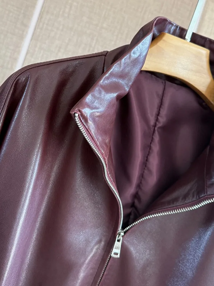 ربيع الخريف الإناث جلد طبيعي النفط الشمع سترة معطف الوقوف طوق البريدي فضفاضة تناسب جلد الغنم الطبيعي قصيرة دراجة نارية ملابس خارجية