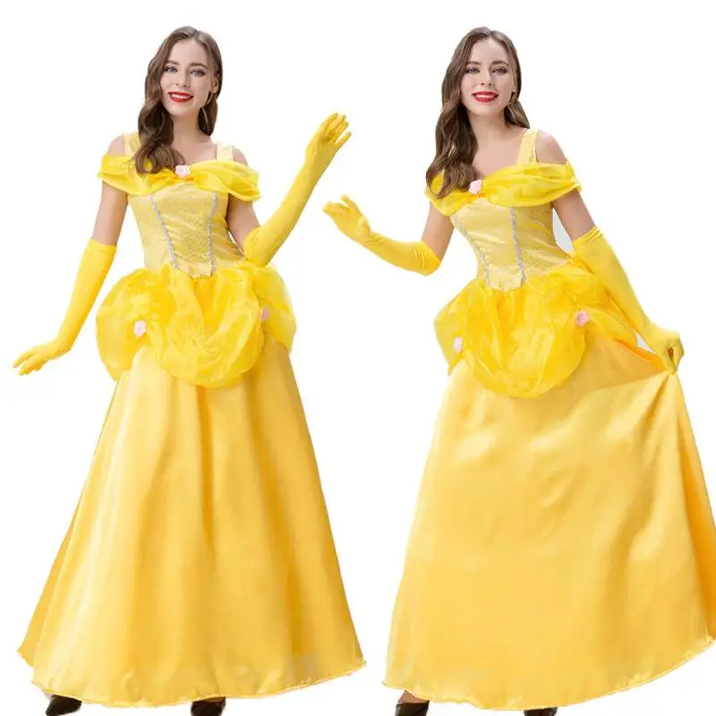 فستان الأميرة بيل من فيلم الجميلة والوحش للبالغين لعيد الهالوين، زي شخصية كرتونية، تنورة أنيقة للنساء، ربيع 