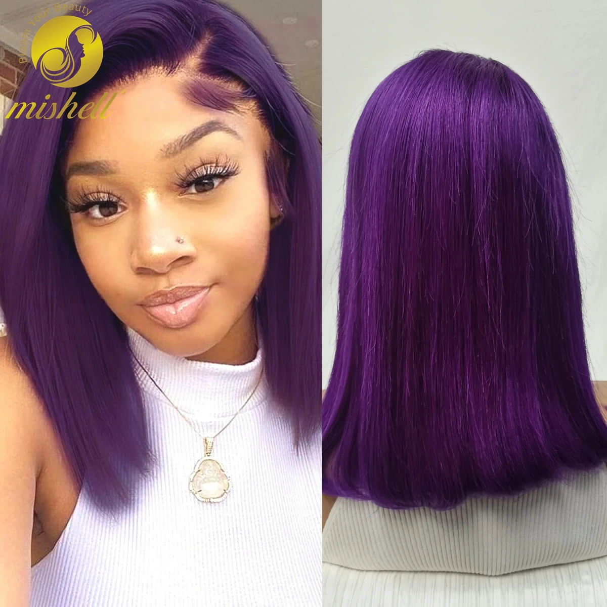 

Short Purple Bob Wig Human Hair 200% Density 13x4 Transparent Straight Lace Front Wig Pre Plucked with Baby Hair for Black Women