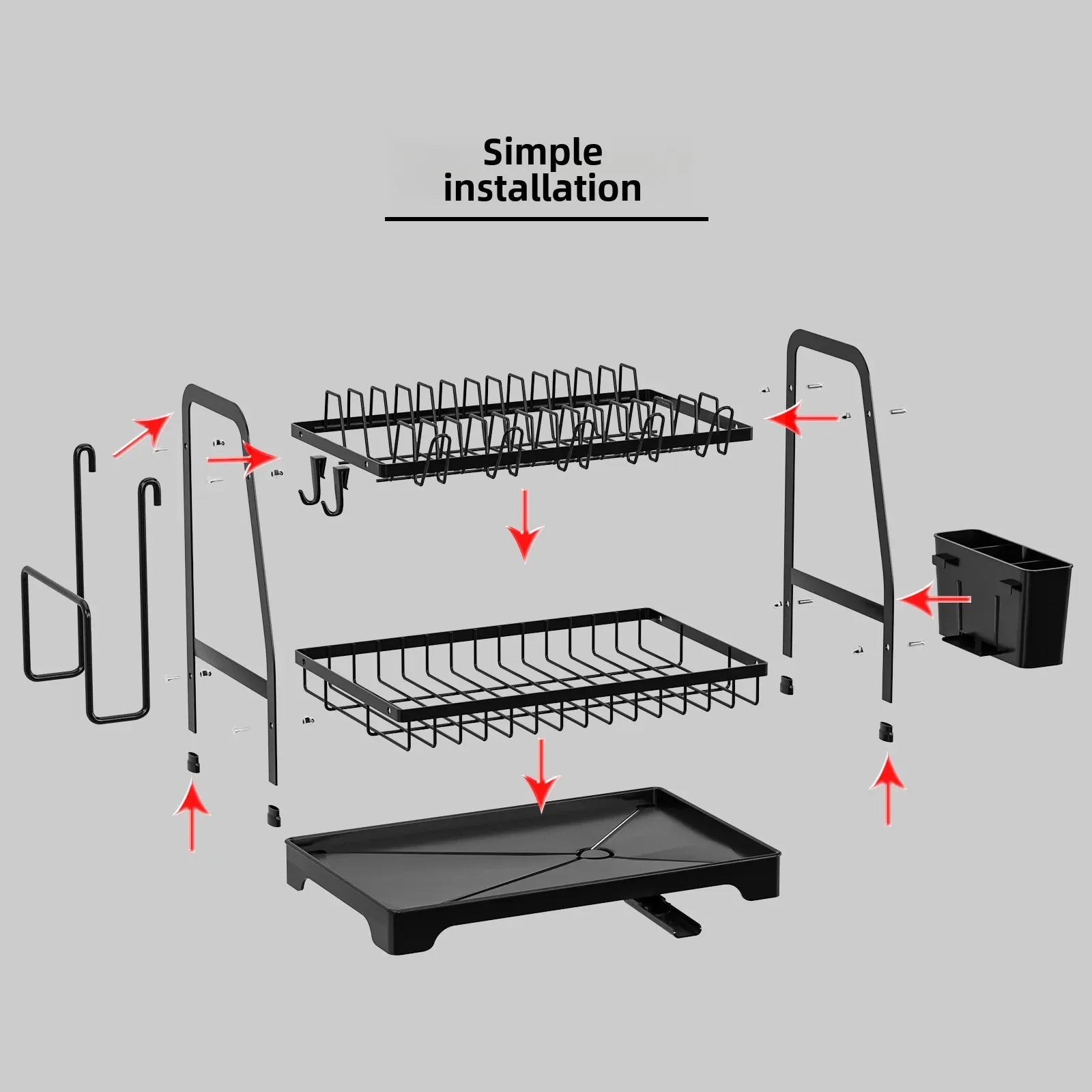 Estante de secado de platos de 2 niveles, soporte para cubiertos de acero inoxidable, bandeja de drenaje, organizador de almacenamiento de cocina que ahorra espacio para cortar platos