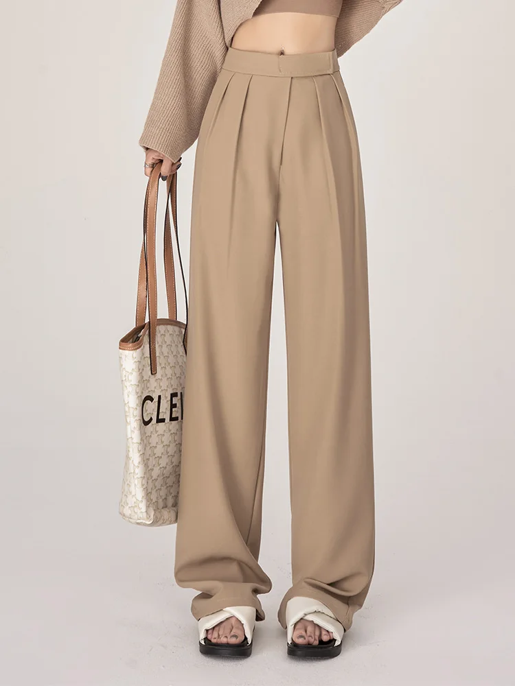 

Khaki Color Women's High Waist Straight Leg Trousers Spring Summer New Sle Magic Tape Drapey Casual Wide Leg Pants