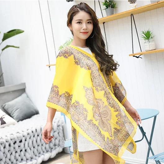 Fashion Women Scarf Shawl Poncho Printed Sunscreen Sun Protection Beach Shawl Bikini Cover Soft Comfortable Hot Sale Yellow