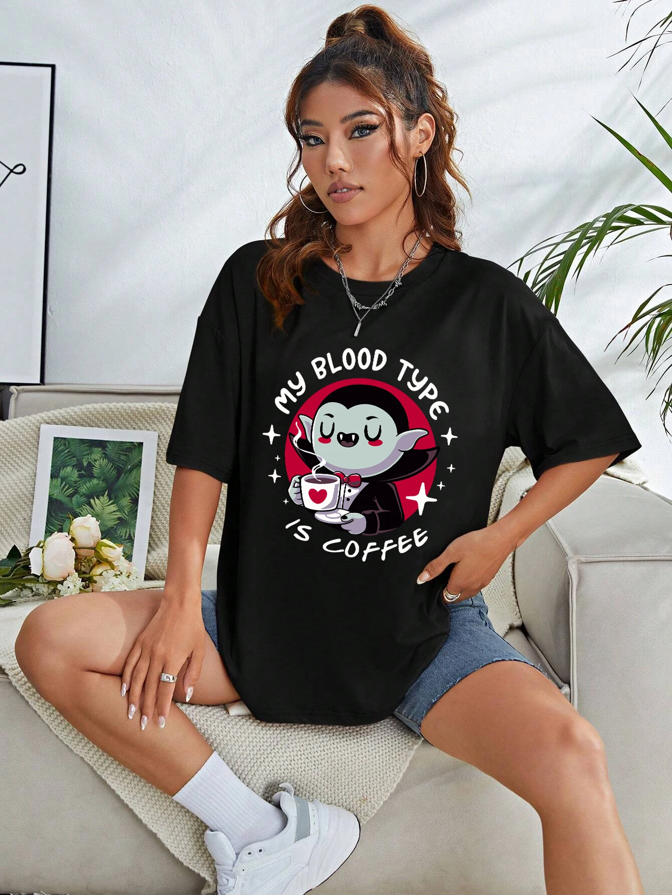 Cartoons Cotton Women'S T-Shirts Vampire My Blood Type Is Coffee Printing Tops Soft Loose O-Neck Short Sleeve Female Clothes