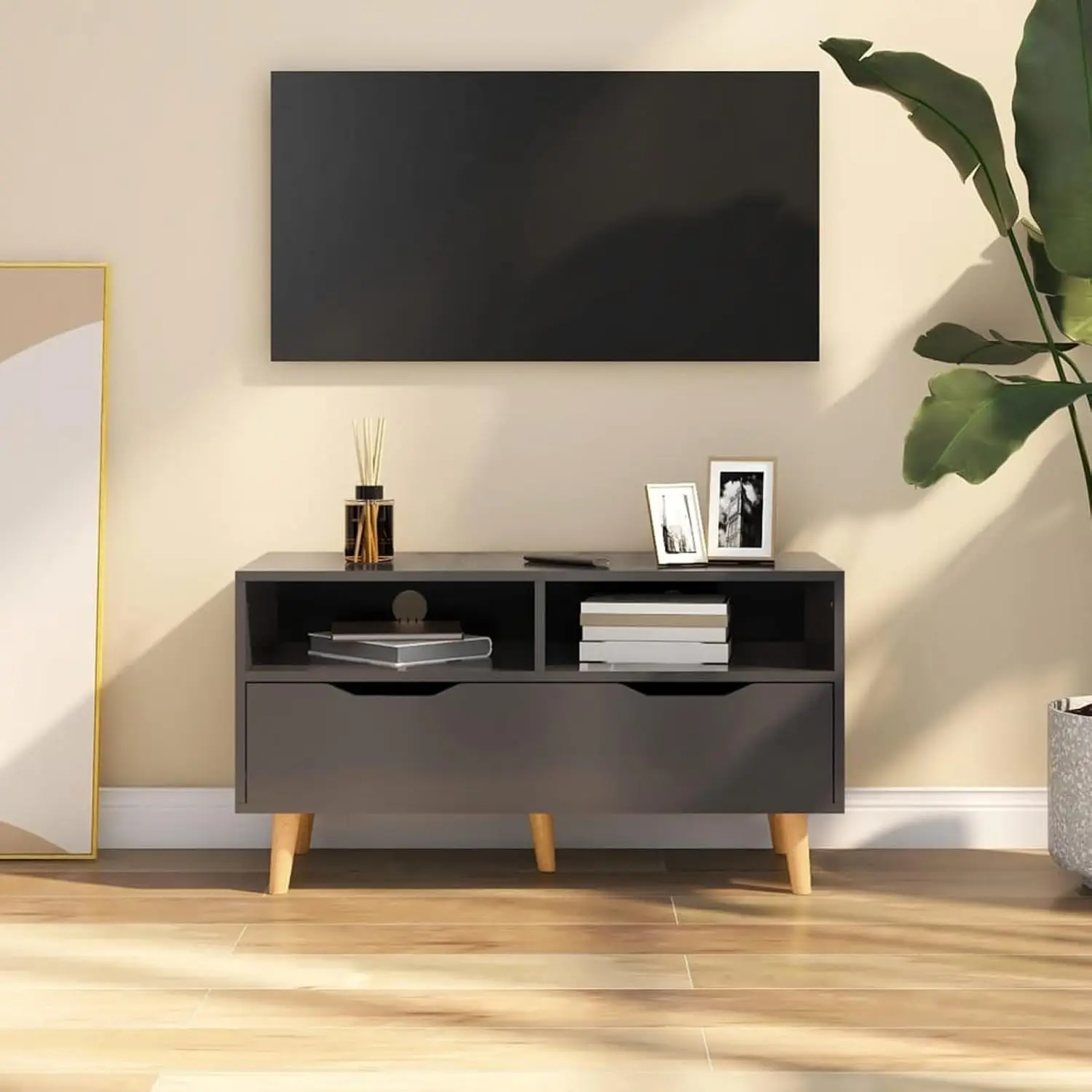 Engineered Wood TV Cabinet Living Room Media Console Storage Wall Anchors 35.4x15.7x19.0 Inches, Customized