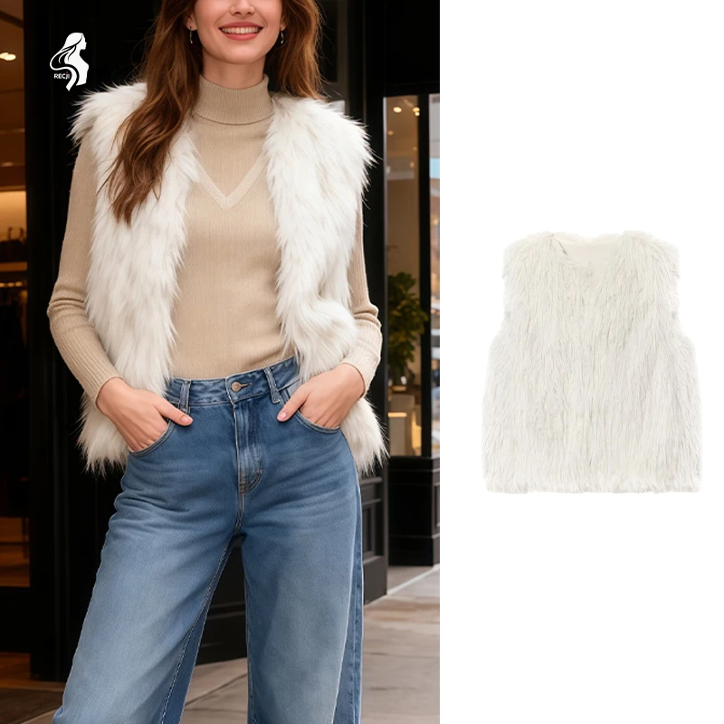

Womens Vest Faux Fur Effect Crew Neck Sleeveless Fashionable And Comfortable Vest Must Have Item For Autumn And Winter