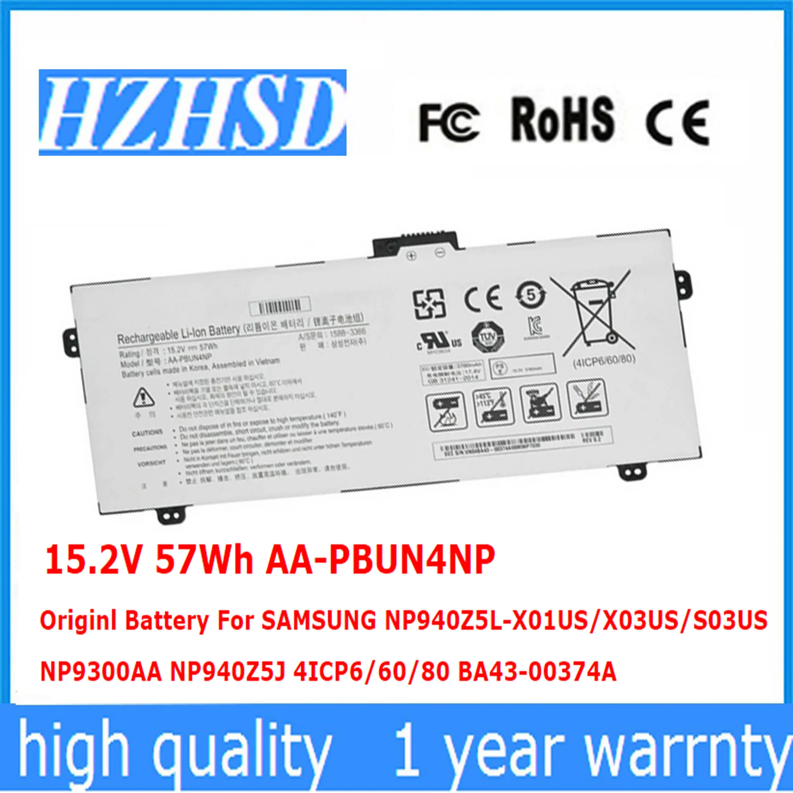 15.2V 57Wh AA-PBUN4NP Originl Battery For SAMSUNG NP940Z5L-X01US/X03US/S03US NP9300AA NP940Z5J 4ICP6/60/80 BA43-00374A