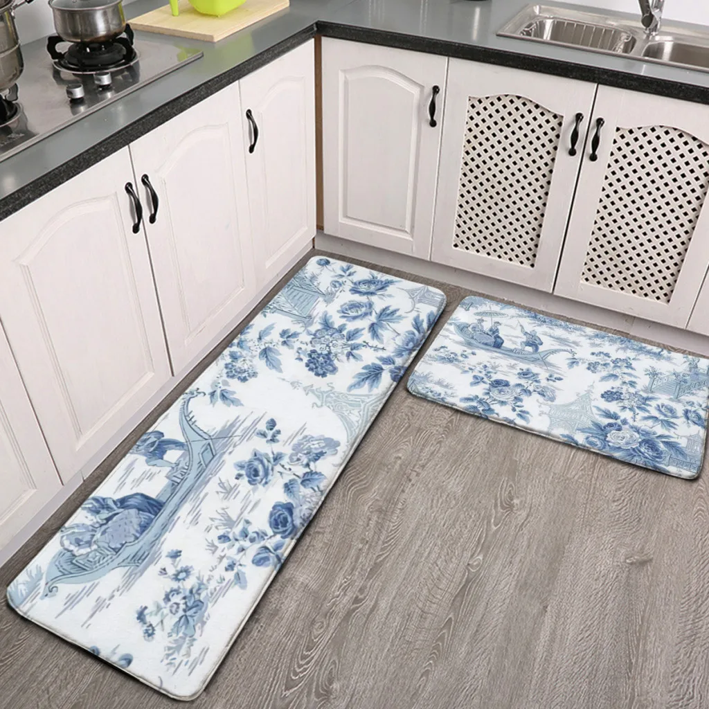 

Powder Blue Chinoiserie Toile Kitchen Mat Floor Carpet Fashion Simple House Modern Home Decor ﻿