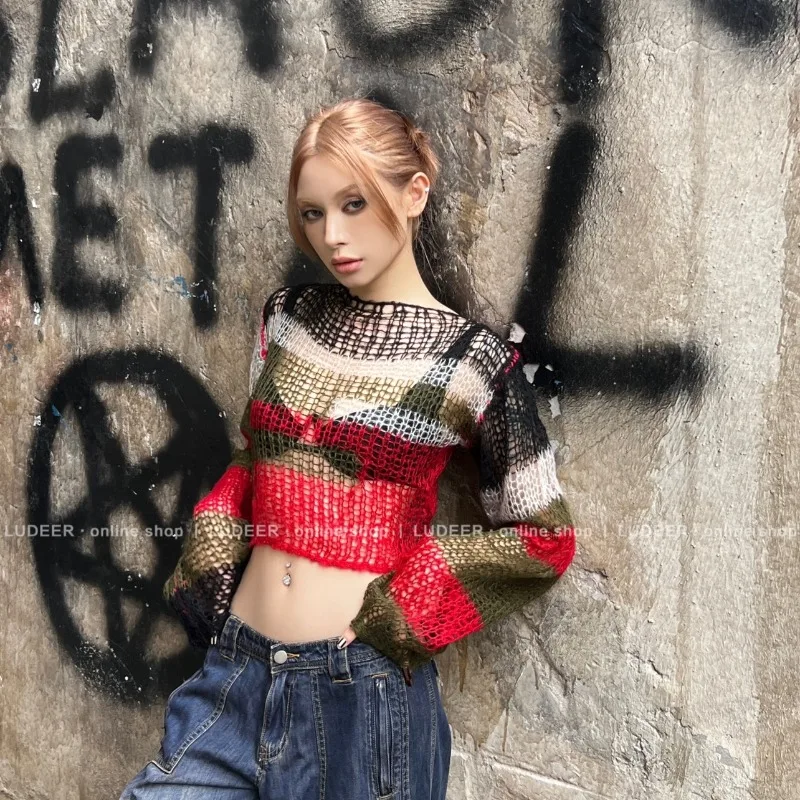 

Deeptown Y2k Vintage Hollow Out Women Knitwear Cropped Backless Transparent Japanese 2000s Style Pullovers Loose Gyaru Grunge