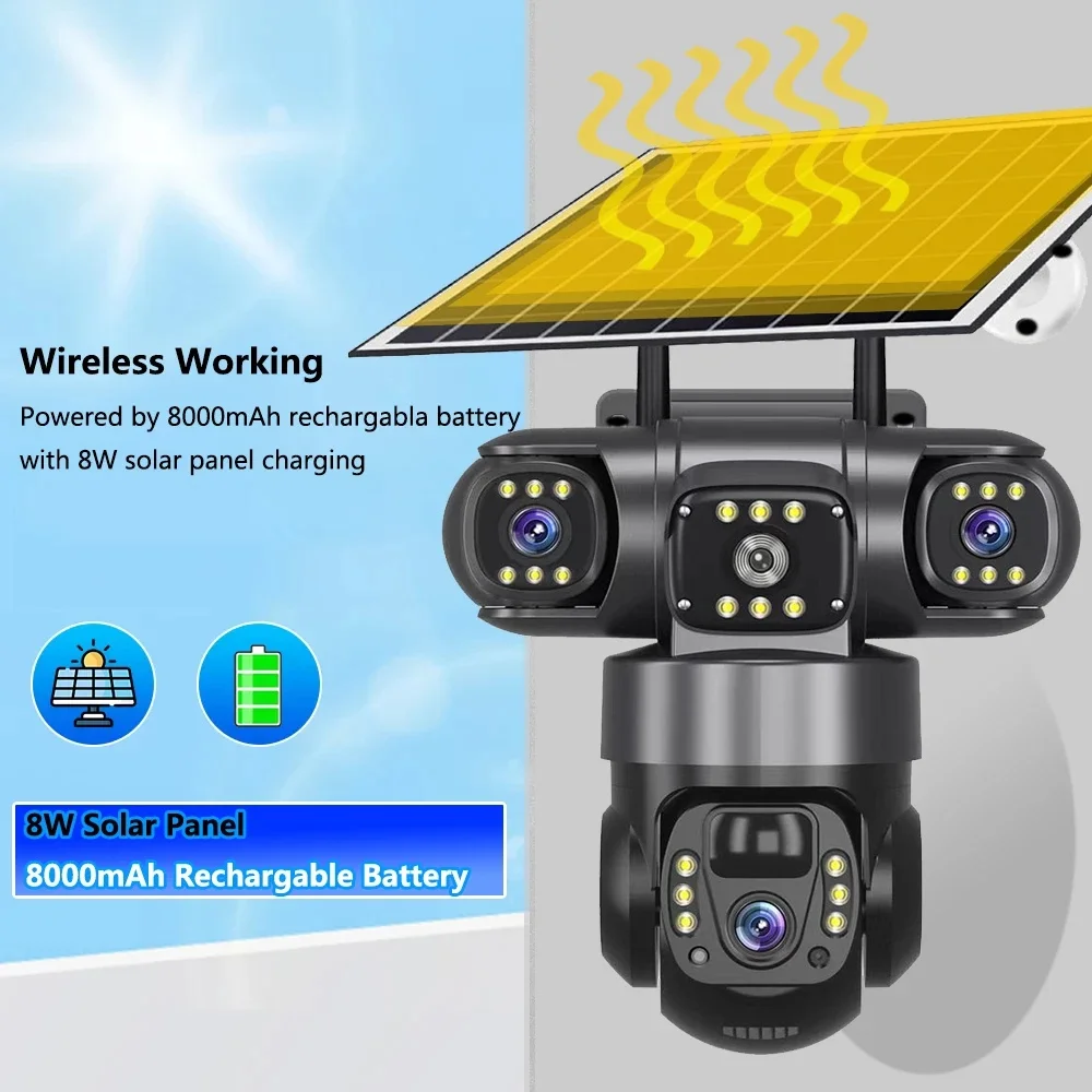 15MP كاميرا تعمل بالطاقة الشمسية ثلاثة عدسة الصوت في الهواء الطلق IP66 مقاوم للماء المدمج في بطارية الأمن CCTV HD 4G بطاقة SIM كاميرا شبكة مراقبة V380 Pro