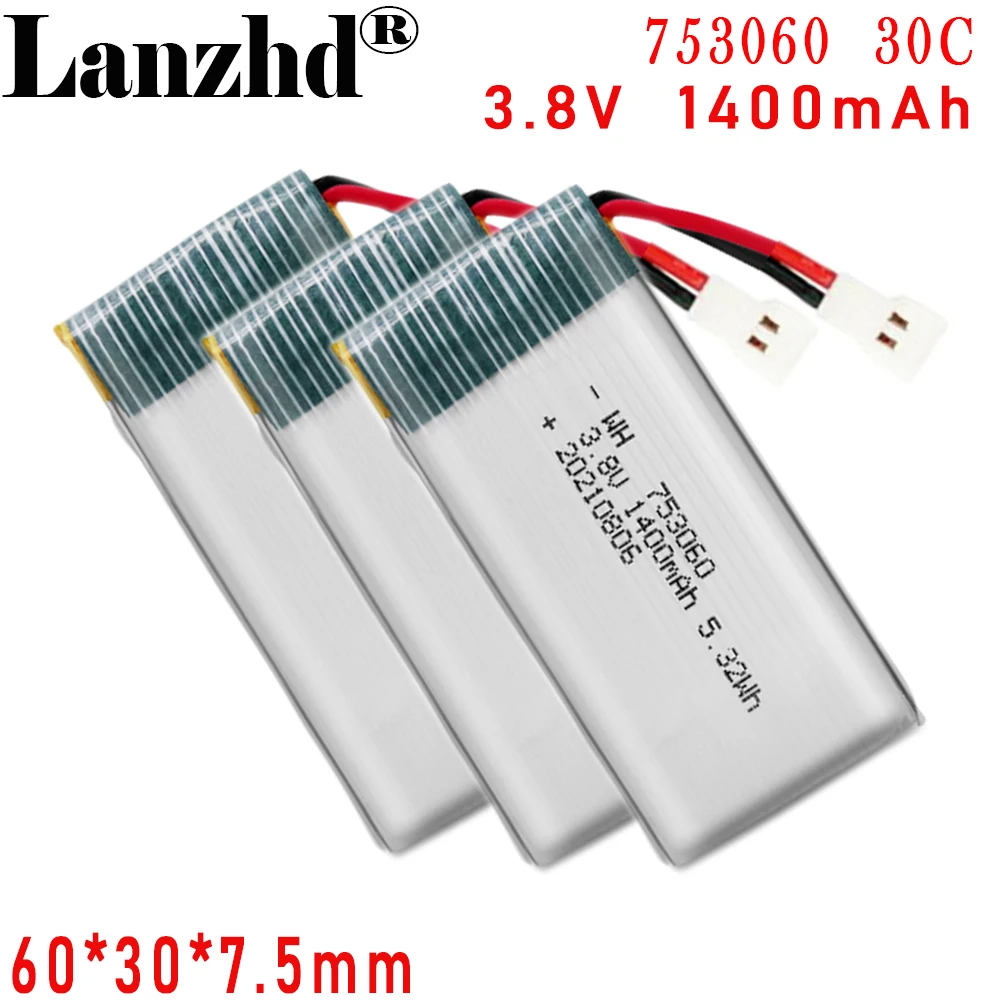 3.8V Li Plum polymer battery 30C 753060 1400mAh For UAV quadcopter Polymer high rate lithium battery 7.5*30*60mm