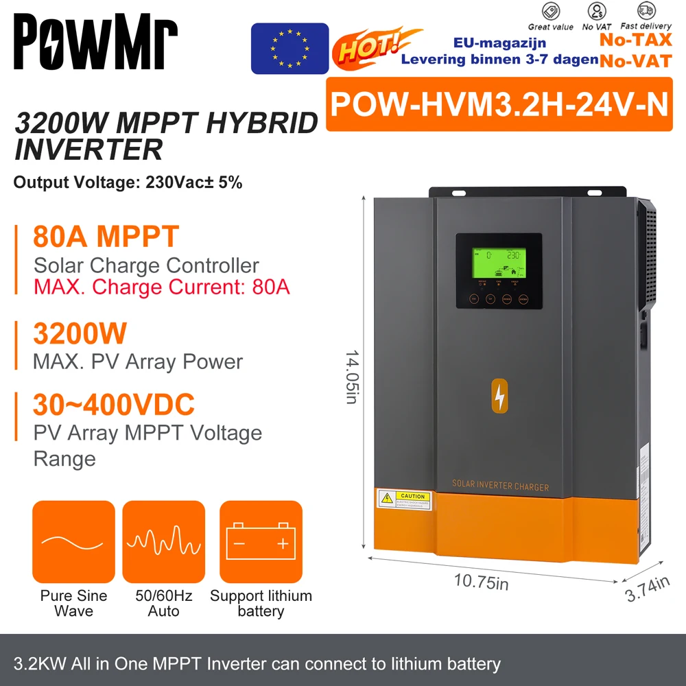 PowMr 3.2KW 24V Hybride Omvormers 12V V Pure Sinus Wassen 80A MPPT Solar Laadregelaar Laden Lithium batterij Met WIFI