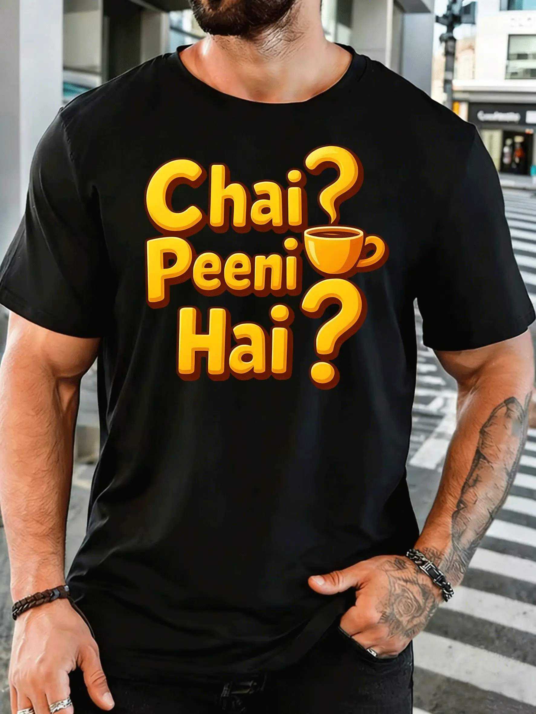 Chai Peeni Hai Tea Cup Quote Mens Front Print T Shirt Indian Tea Lover Graphic Tee Casual Short Sleeve Top Funny Phrase Gift