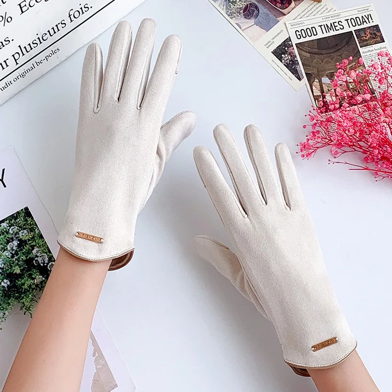 

Женские зимние замшевые кожаные бархатные плюшевые теплые перчатки для спорта на открытом воздухе, велоспорта, металлический знак с надписью, варежки для вождения с сенсорным экраном P41