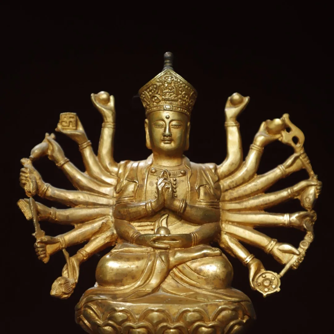

7"Tibetan Temple Collection Old Bronze Gilded Cinnabar Cundhi Bodhisattva Sitting Buddha Lotus Terrace Worship Hall Town house