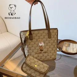 Beibaobao 2024 New Large Capacity Tote Bag Retro Style Women's Bag Handbag Versatile Mother and Child Bag Cartoon Shoulder Bag