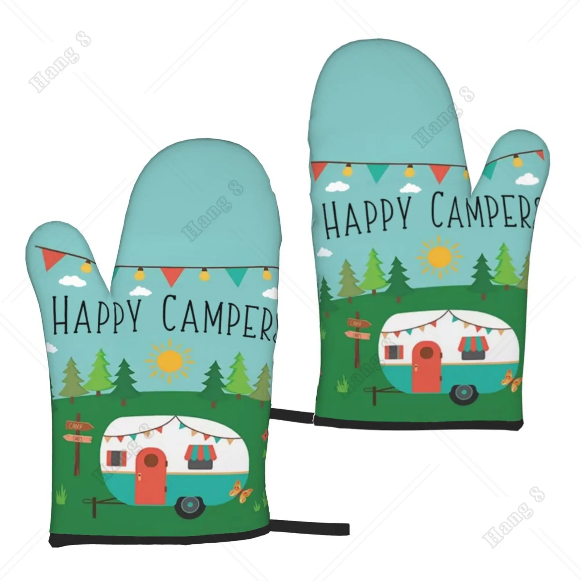 Happy Camper Cartoon Print Oven Gloves 2pc Men Women Kitchen Cooking Accessories Prevent Heat Holder One Size Bbq Washable