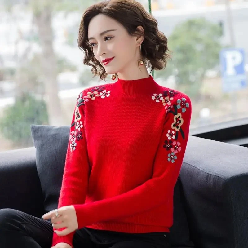 

2024 Spring Fall Half Turtleneck Embroidery Knitted Sweater Women Casual Slim Pullover Tops Long Sleeve New Soft Knitwear Jumper