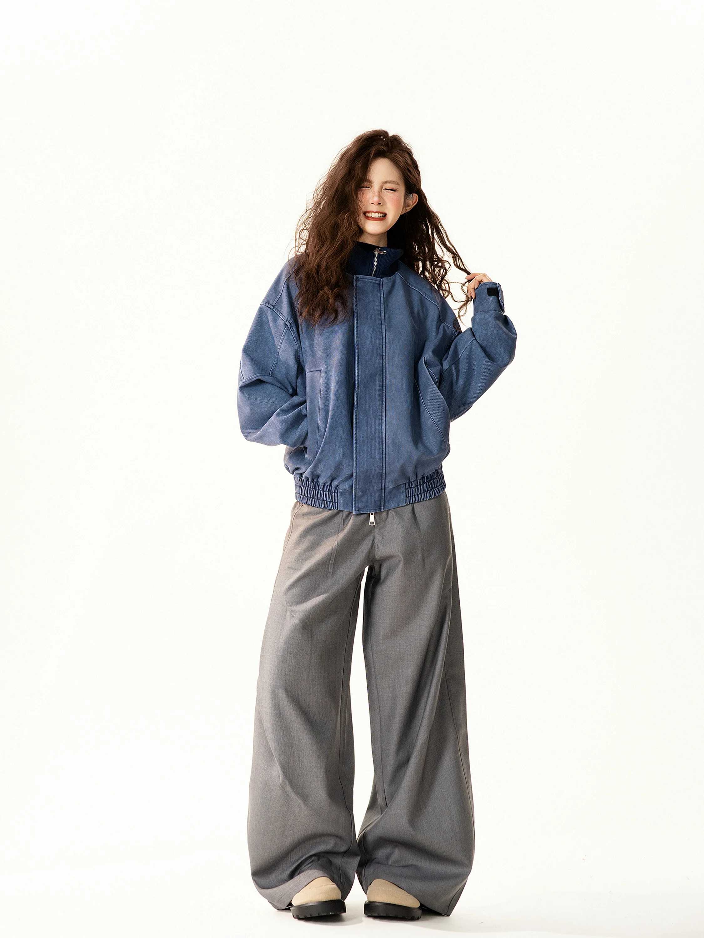 

American Retro Design Casual Stand Collar Jaet Women's Loose Fit Spring New Trendy Brand Street Sle Zipper Closure