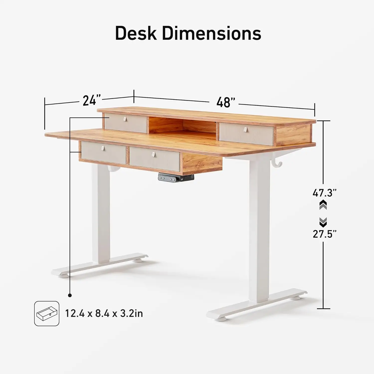 引き出し付きの調節可能な電気スタンドデスク、頑丈な高さ、大きな収納棚付きのスタンドアップテーブル、48x24"