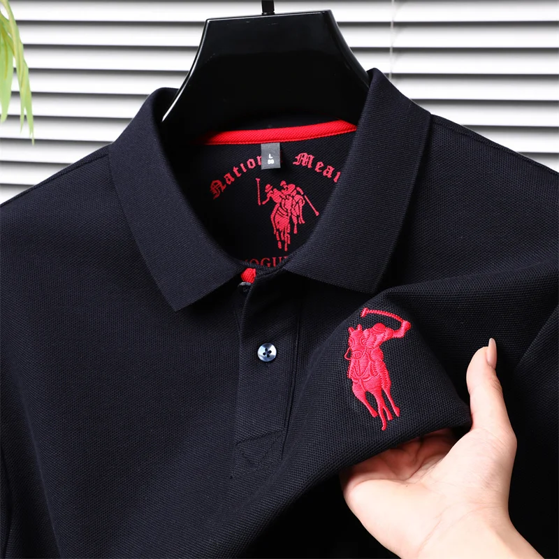 

Cotton Embroidered Long Sleeved T-shirt Men's Loose Polo Shirt Solid Color Lapel Autumn Base T-shirt