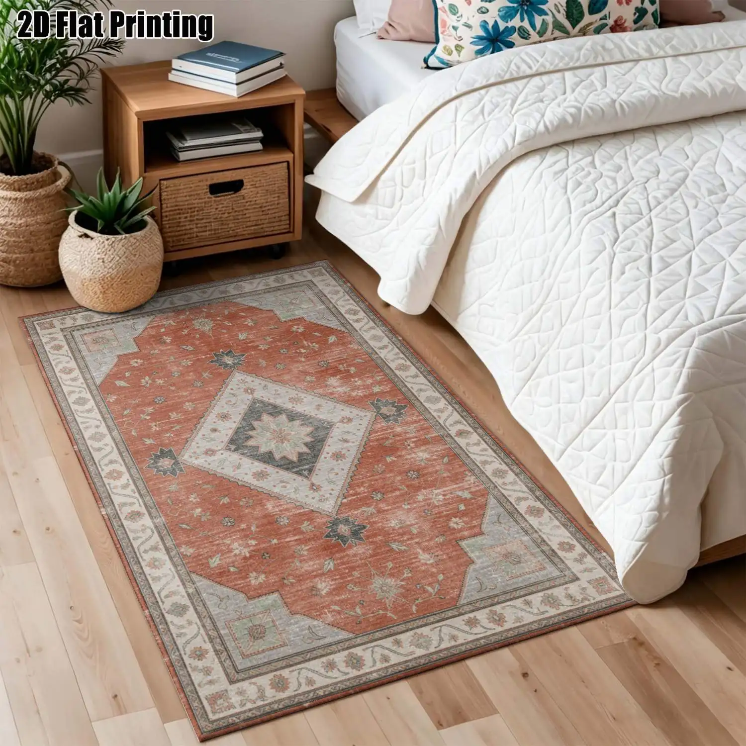 1Pc 2D Printed Retro Brick Red Geometric Carpet, Multiple Styles & Sizes, Machine-Washable, Suitable for Multi-Scenario Home Decor